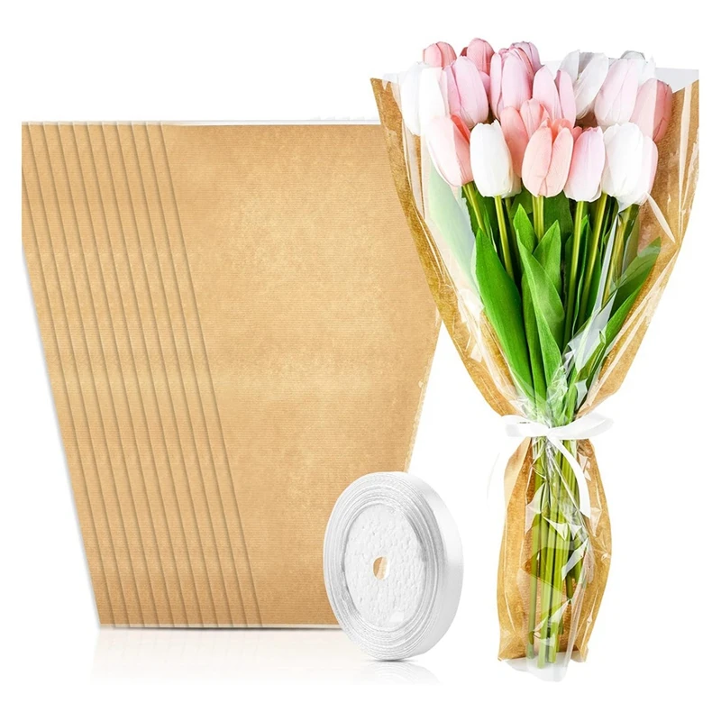 

50 PCS Kraft Paper Florist Wrap Bags Flower Bouquet Wrapping Paper Floral Arrangement Supplies For Wedding,Valentine