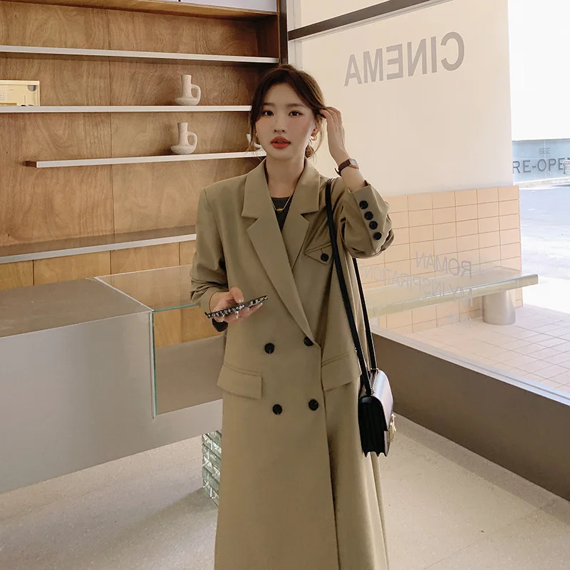 

SuperAen 2022 Autumn New Korea Long Suit Jacket Women Korean Windbreaker Trench Coat