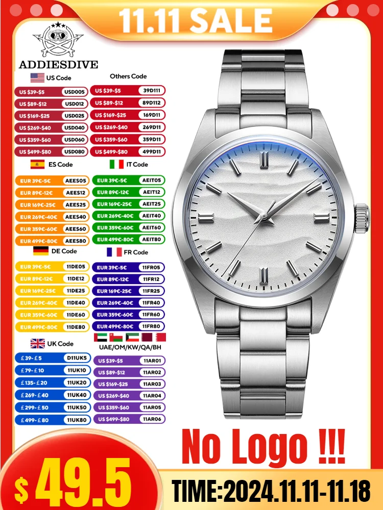 ADDIESDIVE 36 мм AD2030 без логотипа мужские часы пустынный циферблат из нержавеющей