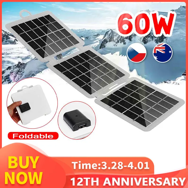 

60W Solar Panel Foldable Portable Waterproof USB Energy Solar Cell Charger for iPhone Mobile phone Camping Outdoor