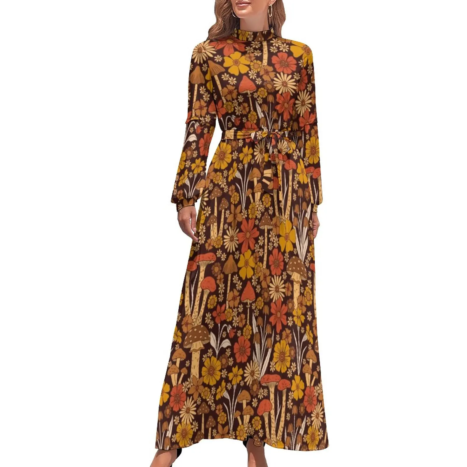 

Orange Mushrooms Dress High Waist Retro 1970s Flowers Print Custom Bohemia Dresses Long Sleeve Fashion Long Maxi Dress Clothing