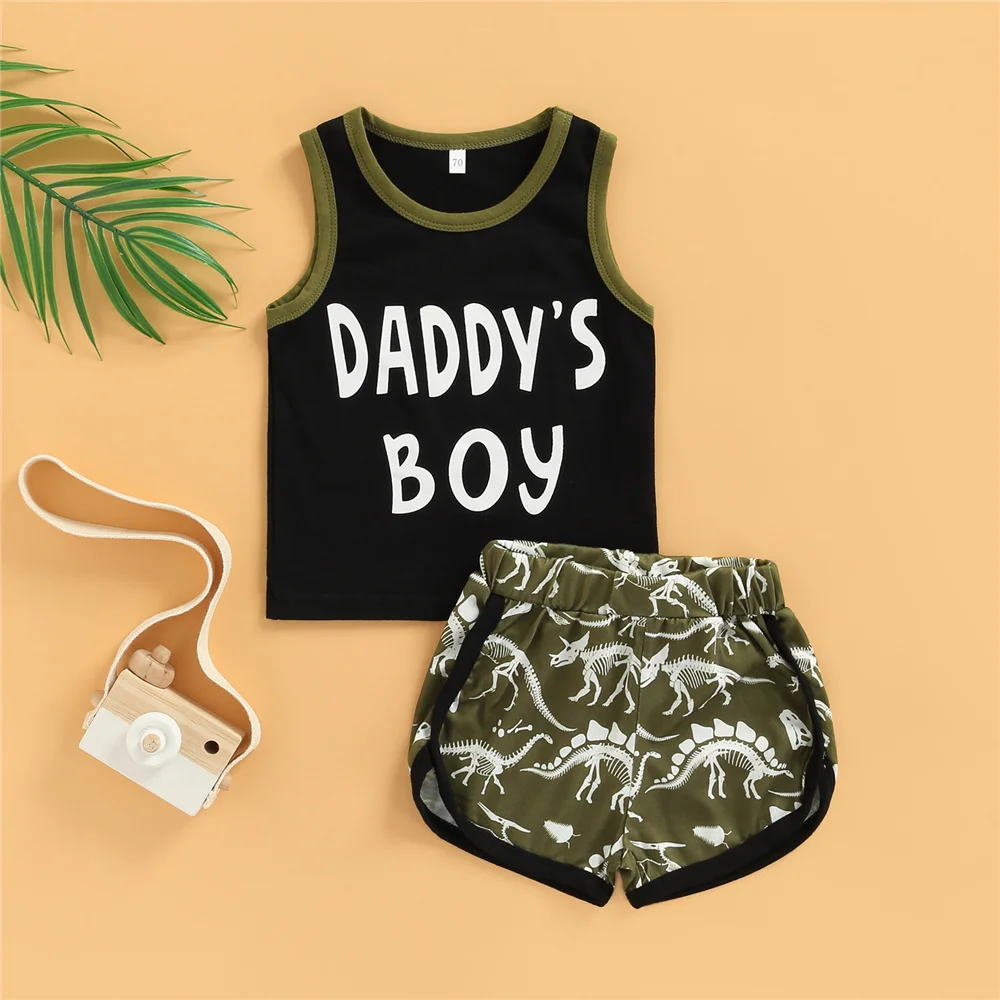 

Summer Toddlers Baby Boys 2Piece Sets Infant Kids Sleeveless Letter Cartoon Dinosaur Print Tanks Tops Shorts Children Clothes
