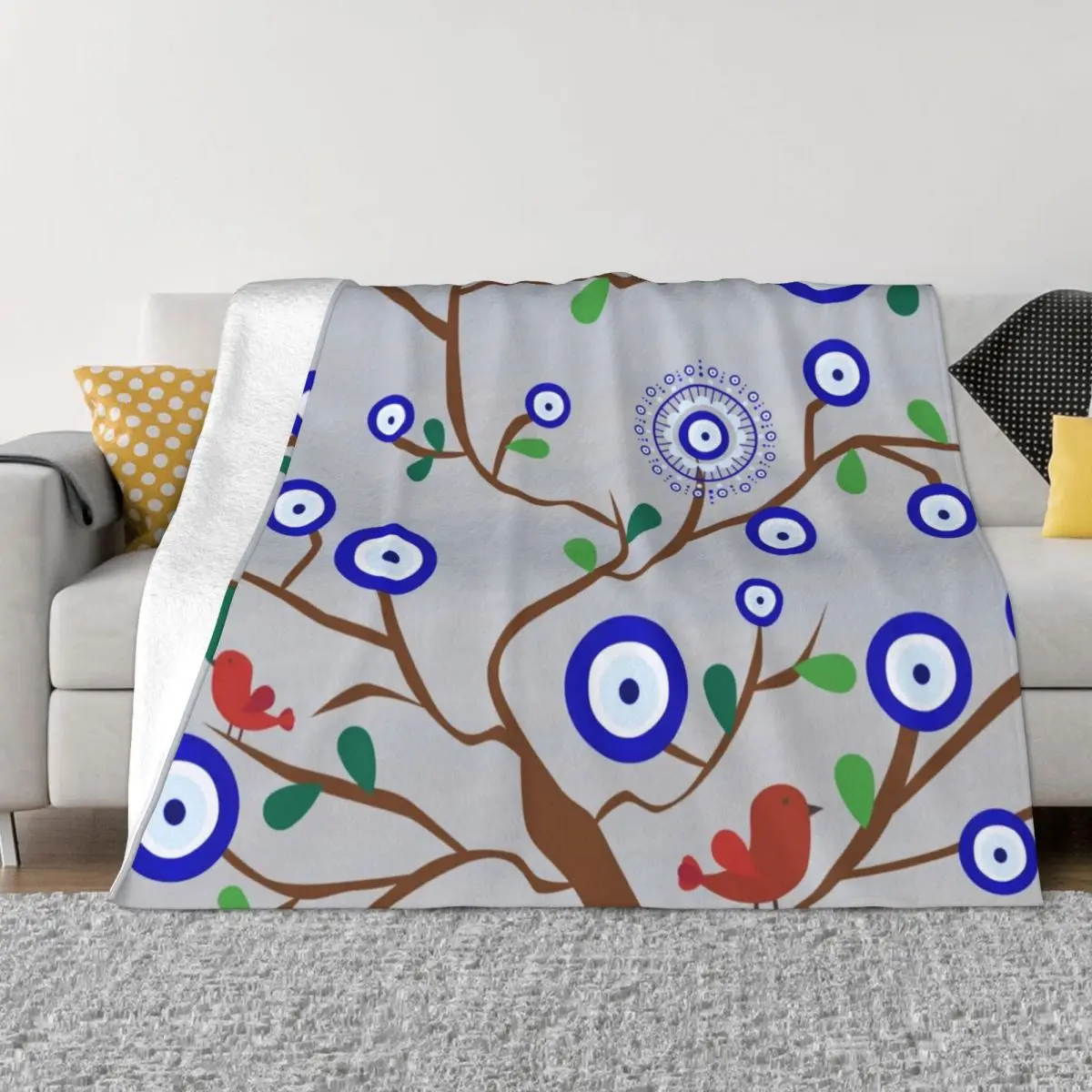 

Lucky Evil Eye Bird Tree Fuzzy Blankets Greek Amulet Nazar Lucky Funny Throw Blankets for Sofa Bedding Lounge Rug Piece