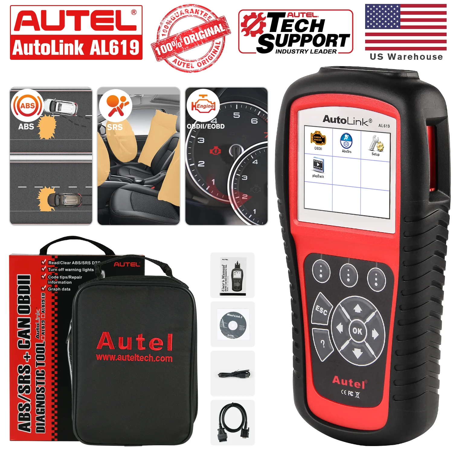 Autel Autolink AL619 полный OBD2 сканер считыватель кодов ABS SRS автомобильный