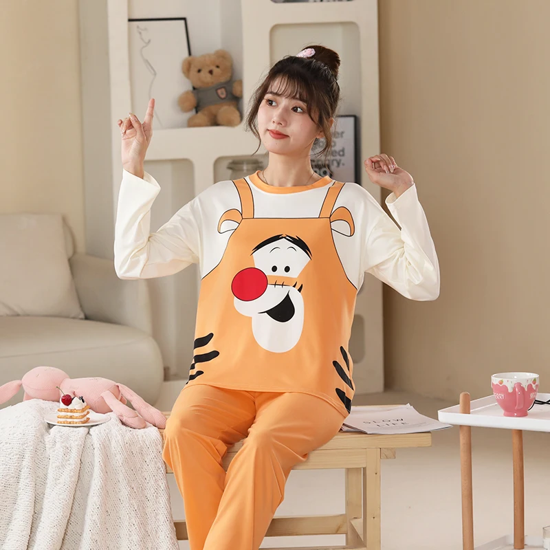 Disney Tigger Cute Kawaii Christmas Matching Pajamas Set for Ladies Girls Autumn Spring Long Sleeve Soft Nightwear Home Suit