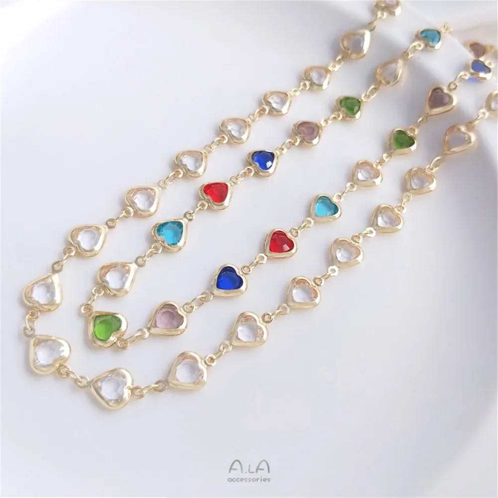 

14K gold polychrome zircon peach heart handmade chain color zirconium heart chain diy bracelet necklace head jewelry loose chain