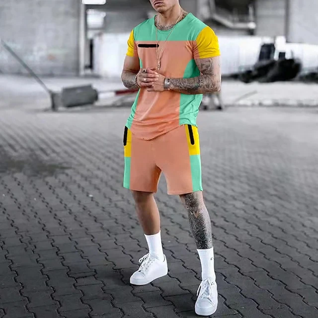 Men Clothing Shorts and T Shirts  Set 3D Print Color Block Crew Neck Ropa Short Sleeve 2 Piece Clothing Apparel