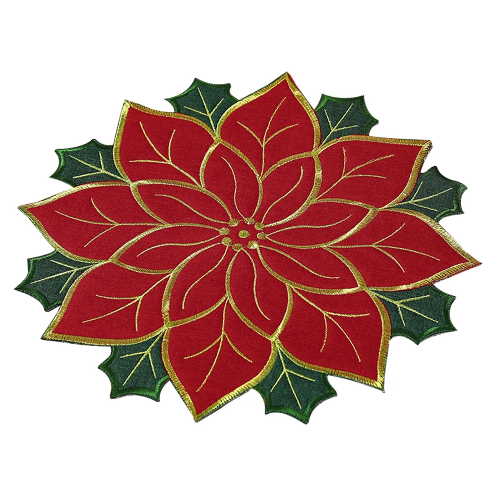 

Christmas Table Mat Linen Plus Sponge Double Layers Applique And Embroidery With Sequins Polyester Holly Leaves Insulation Pad