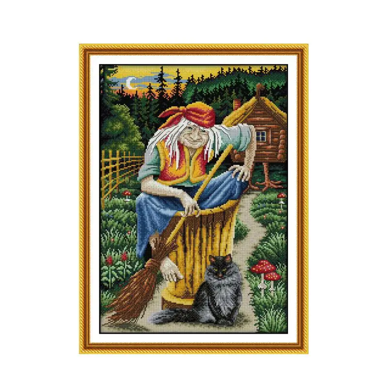 

Grandma In The Yard with cat Cross Stitch Kits Patterns 11CT 14CT Printing Counted Fabric DIY Threads Embroidery Needlework