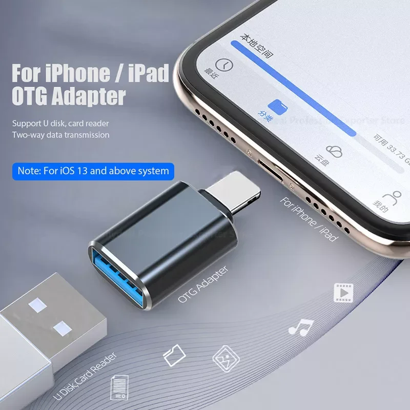 

OTG Adapter for iPhone 13 mini 12 11 Pro Xs Max X Converters Charging Data for iPad Ios 15 14 13 To USB 3.0 Suport U Disk phone