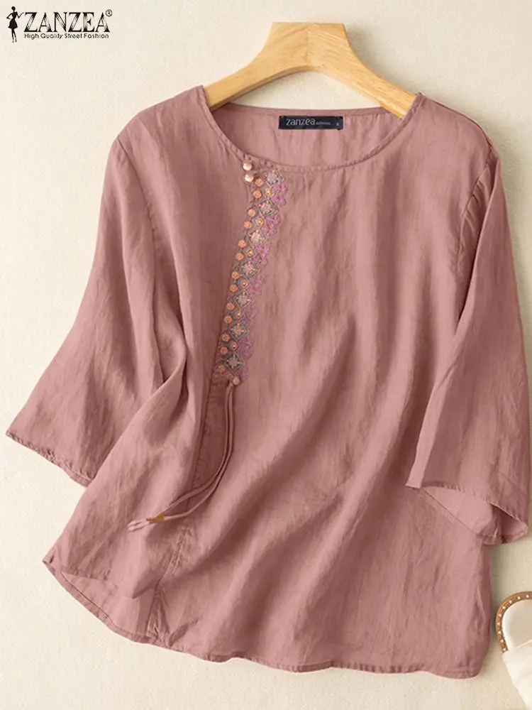 

Женские топы с цветочной вышивкой ZANZEA 2023, Свободная Повседневная рубашка, Женская рабочая блузка, летняя винтажная блузка с круглым вырезом и рукавом 3/4