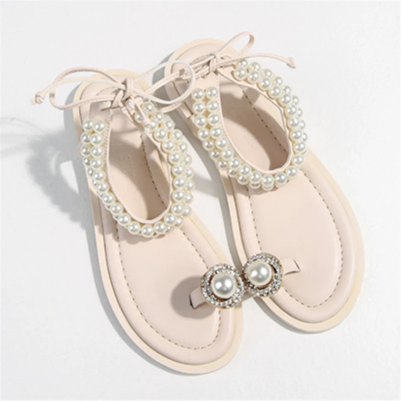 

Flip Flops 2023 Summer Women Sandals Pearls Beading Flat Shoes Lace-up Ladies Beach Gladiator Sandalias Mujer Leather Slides