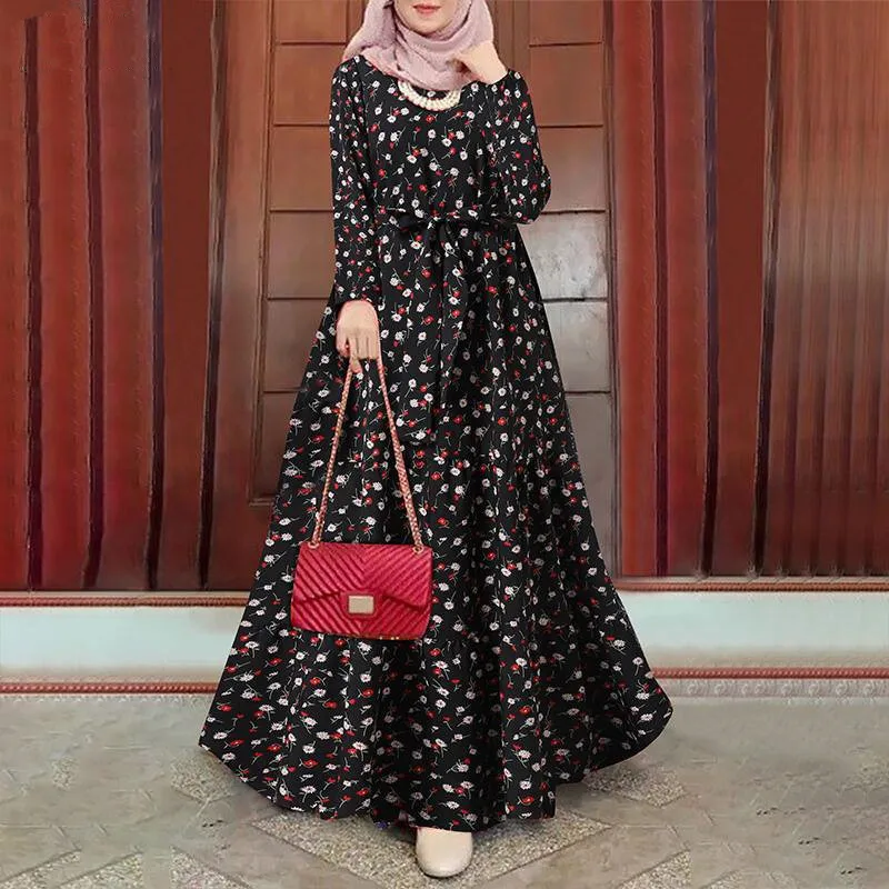 Muslim Floral Dress Women Print Sundress Kaftan Turkey Abaya Hijab Vestidos Belted Female Robe Femme Islam Clothing  long dress