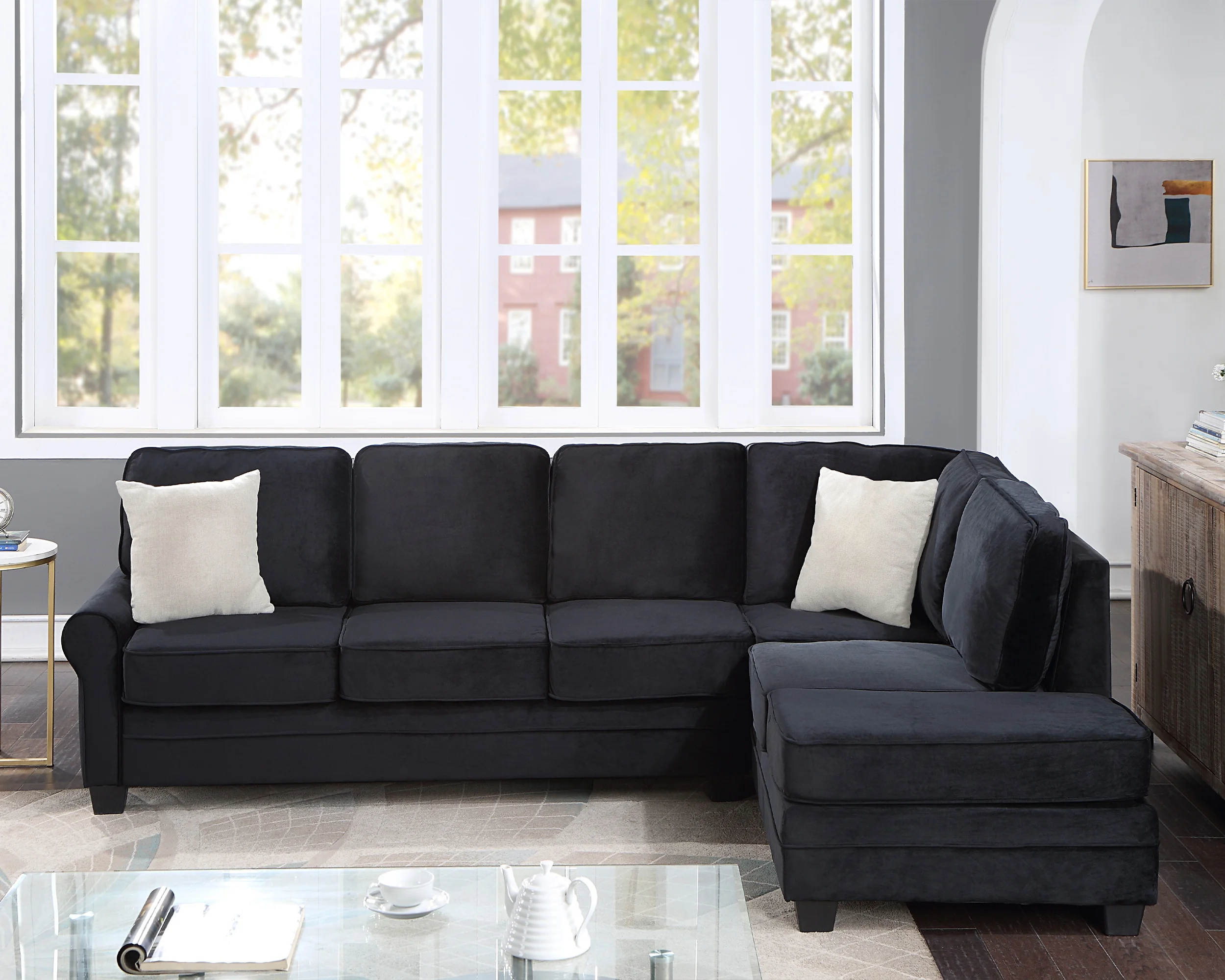 

Reversible Sectional Sofa, Modern Velvet Upholstered Sofa Couch with Scrolled Arm for Living Room Space