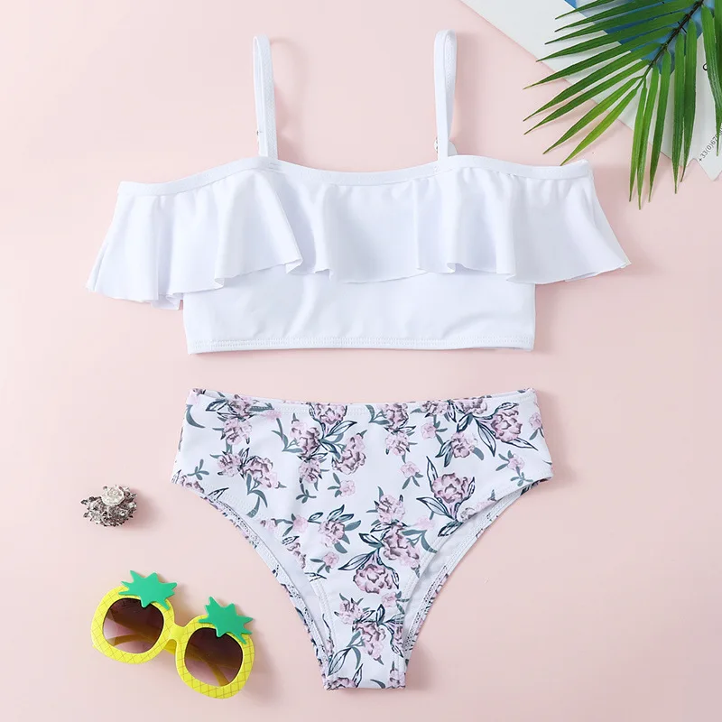 

7-14 Years Floral Girls Swimsuit Kids Falbala Two Piece Children's Swimwear Off Shoulder Bikini Set Teen Bathing Suit Beachwear