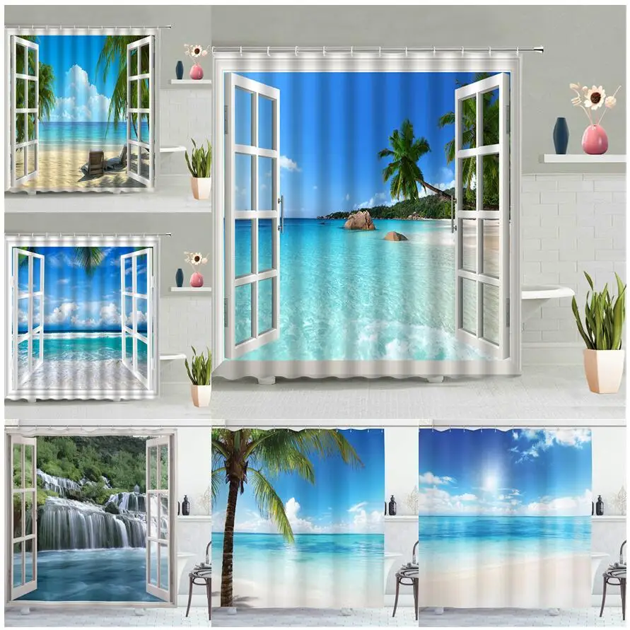

Seaside Beach Shower Curtain Palm Tree Bath Curtains White Window Hawaii Island Ocean Natural Scenery Fabric Bathroom Decor Sets