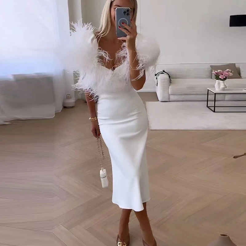 

Sexy Bodycon Feather Patchwork White Dresses Women Fashion V-neck Solid Party Long Dress Female Elegant New 2023 Bag Hip Dress