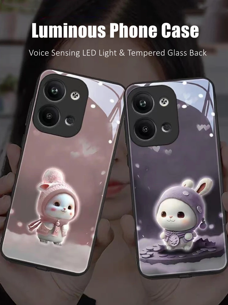 

Kawaii Bunny LED Light Glowing Luminous Tempered Glass Back Phone Case for OPPO Reno 4 5 6 7 8 9 Find X5 Realme X50 Pro Plus SE