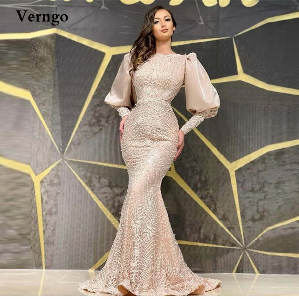 

Verngo Modest Lace Mermaid Evening Dresse Jewel Neck Puff Long Sleeves Dubai Arabic Women Formal Prom Gowns Robe de soiree