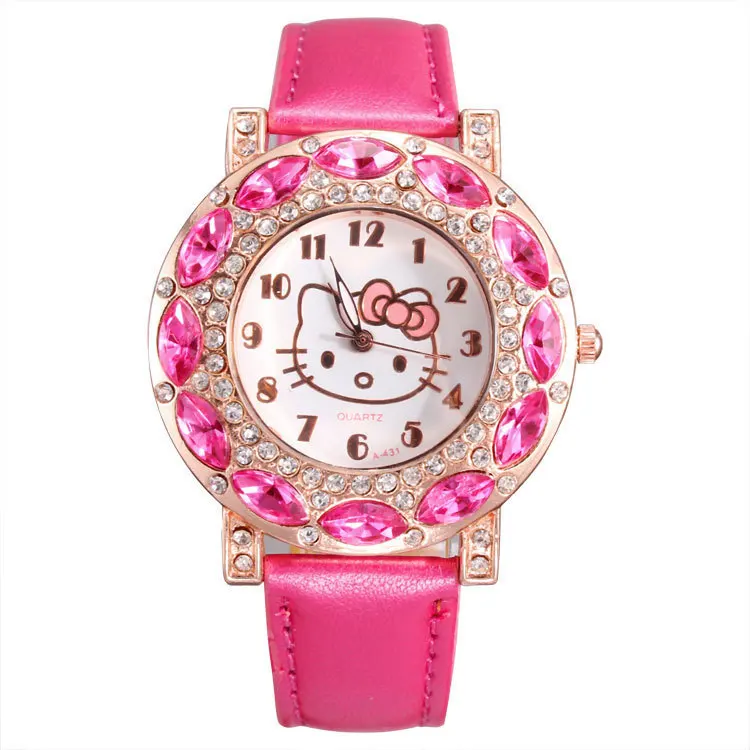 

Hello Katie Women Watches Children Rosy Pink Cat Casual Quartz Watch Kids Crystal Leather Strap Cartoon Watches Relogio Feminino