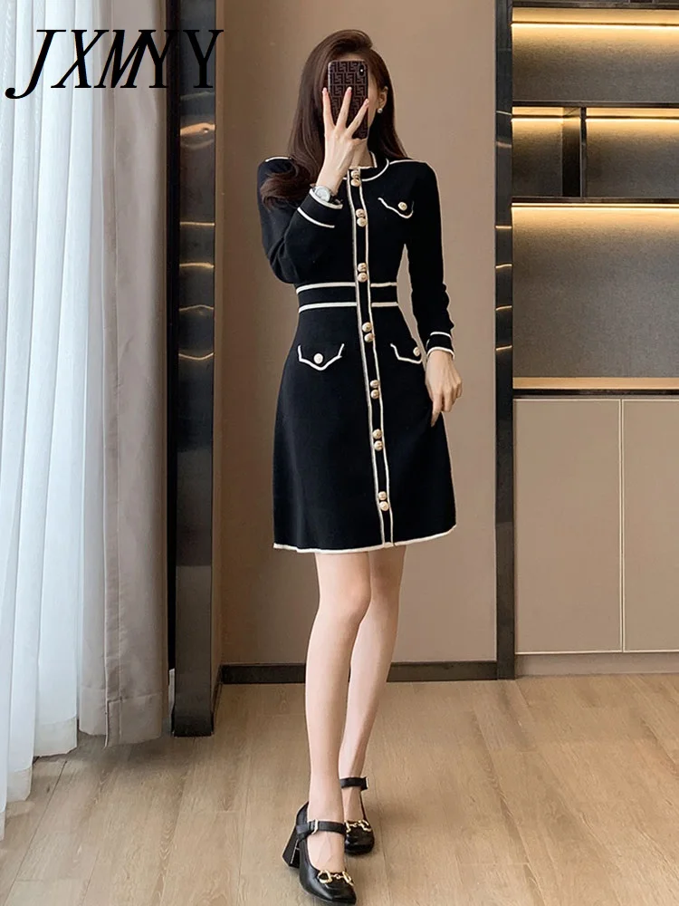 

JXMYY Fashion Knit Dress 2022 New Female Autumn Winter Slim Elegant Temperament Socialite Hepburn Wind Little Black Dress
