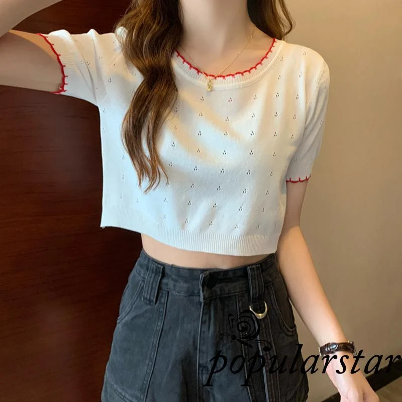 

Popu-Women Knit Crop Tops Short Sleeve Round Neck Contrast Color Hollow Out T-Shirts