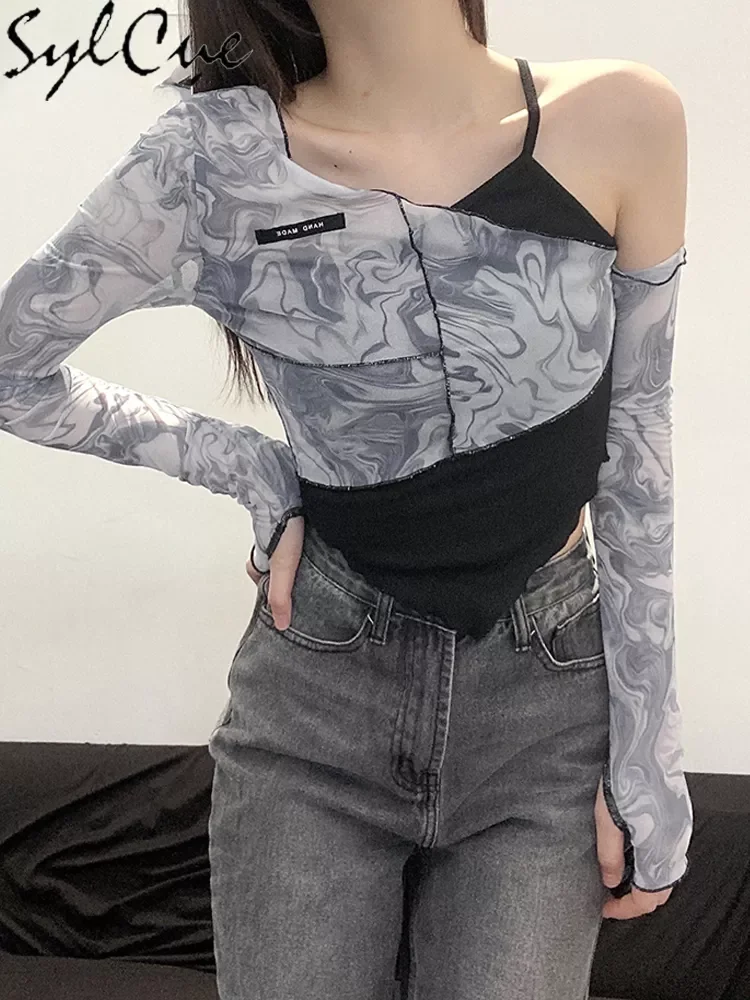 

Sylcue Mesh Asymmetrical Yamamoto Sleeve T-Shirts Women Sexy Cute Slope Neck Ruffles Fashion Tide Autumn Crop Tops 2021 Chic