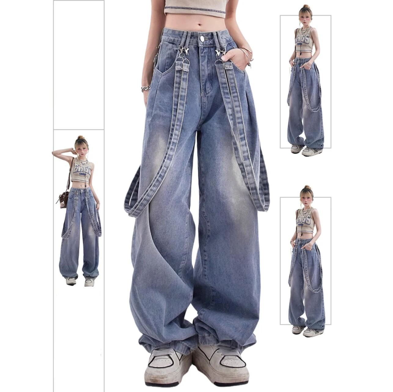 

Женские винтажные джинсы с эффектом потертости, универсальные потертые однотонные повседневные свободные брюки в полную длину с высокой талией в уличном стиле для весны