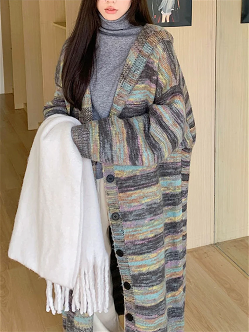 Зимние длинные свитера PLAMTEE в полоску женские шикарные вязаные приталенные