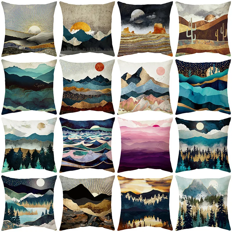 

New Abstract Painting Home Pillow Case Sunrise Landscape Painting Style Printed Pillow Pillow Car Waist Cushion Waist Pillowcase