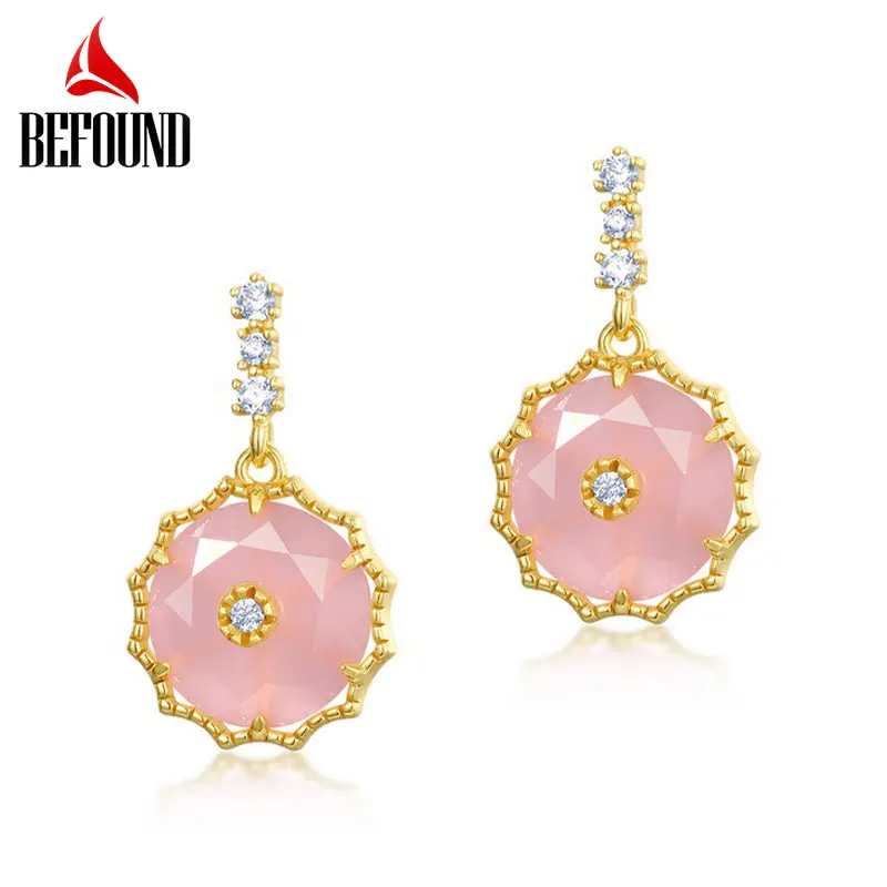 

Retro Gold Color Flower Earrings Women 925 Silver Round Synthetic Rose Quartz and Zircon Dangle Earrings Party Accessory Jewelry