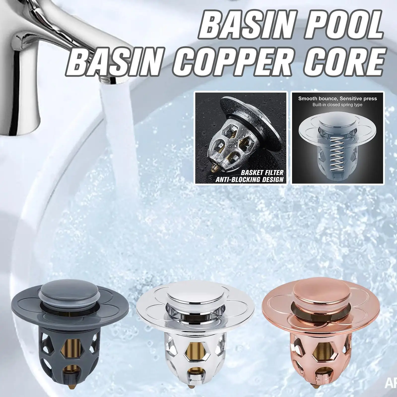 

New Bathroom Steel Push Down Bounce Core Basin Bathroom Strainer Stopper Filter Drain Hair Bath Tool Shower Sink D2d8