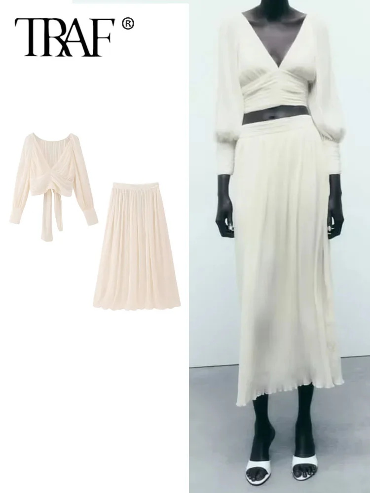 

TRAF 2023 New Women Pleated Midi Skirts Sets Fashion Chiffon Long Sleeves Women Suit Bow Top Tied Long Skirts Set Womens Outfit