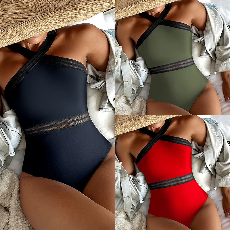 

2022 New Sexy One-piece Women's Swimsuit Solid Black Cross Mesh Webbing Bikini Set Sexy Swimwear Plus Size Bathing Suits Bikinis