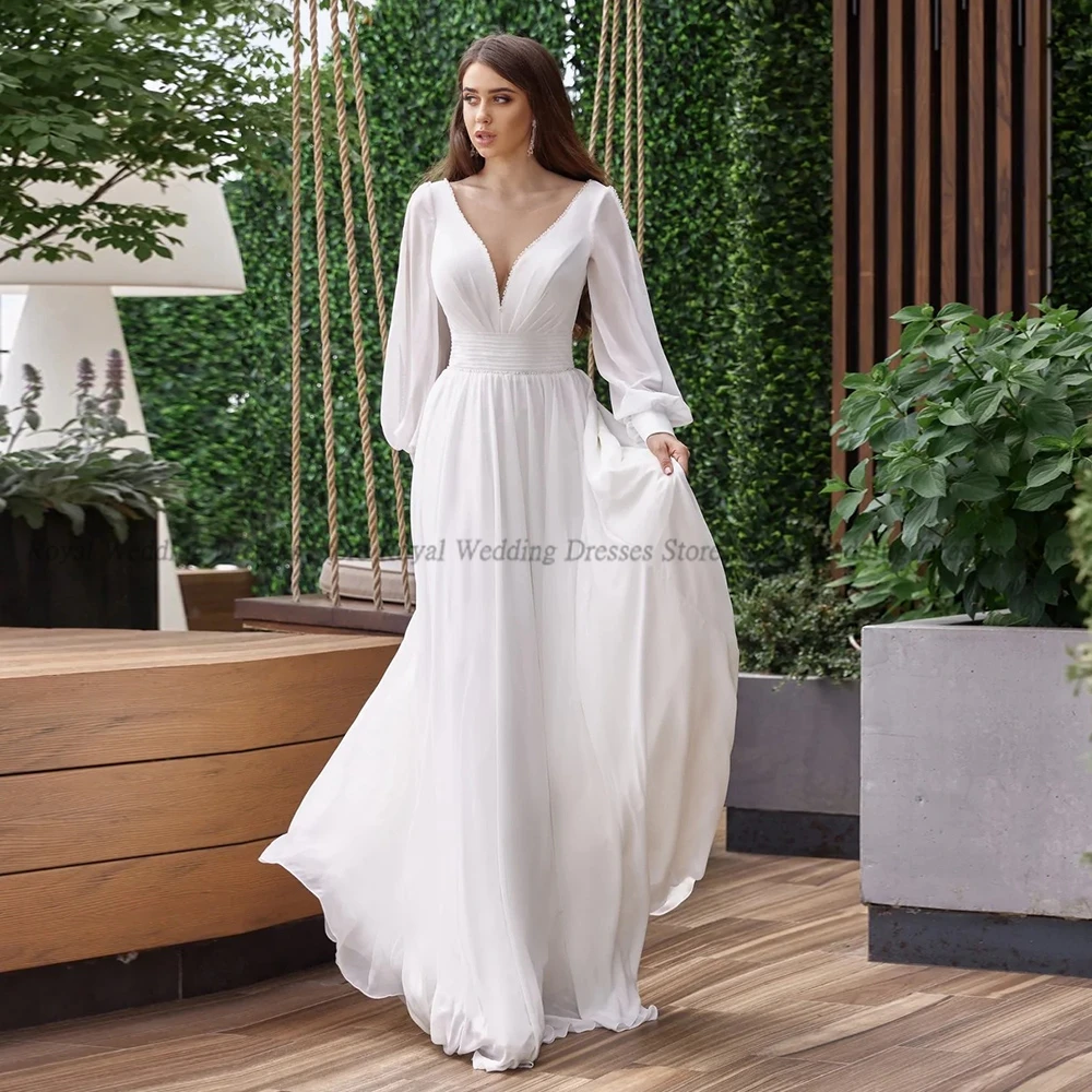

RANMO Fashion A Line O Neck Wedding Dresses Vertically Draped V Neck Draped Lace Open Back 2022 Floor Length Gowns Robe De Ma