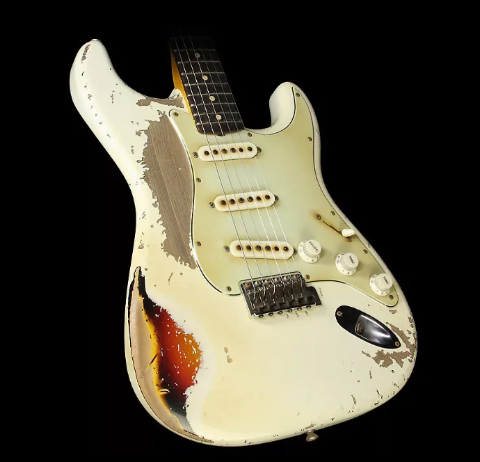 

Изготовленная на заказ электрическая гитара MASTERBUILT JOHN CRUZ 1961 PIN-UP ST Heavy Relic White Over 3 Tone Sunburst Alder Body