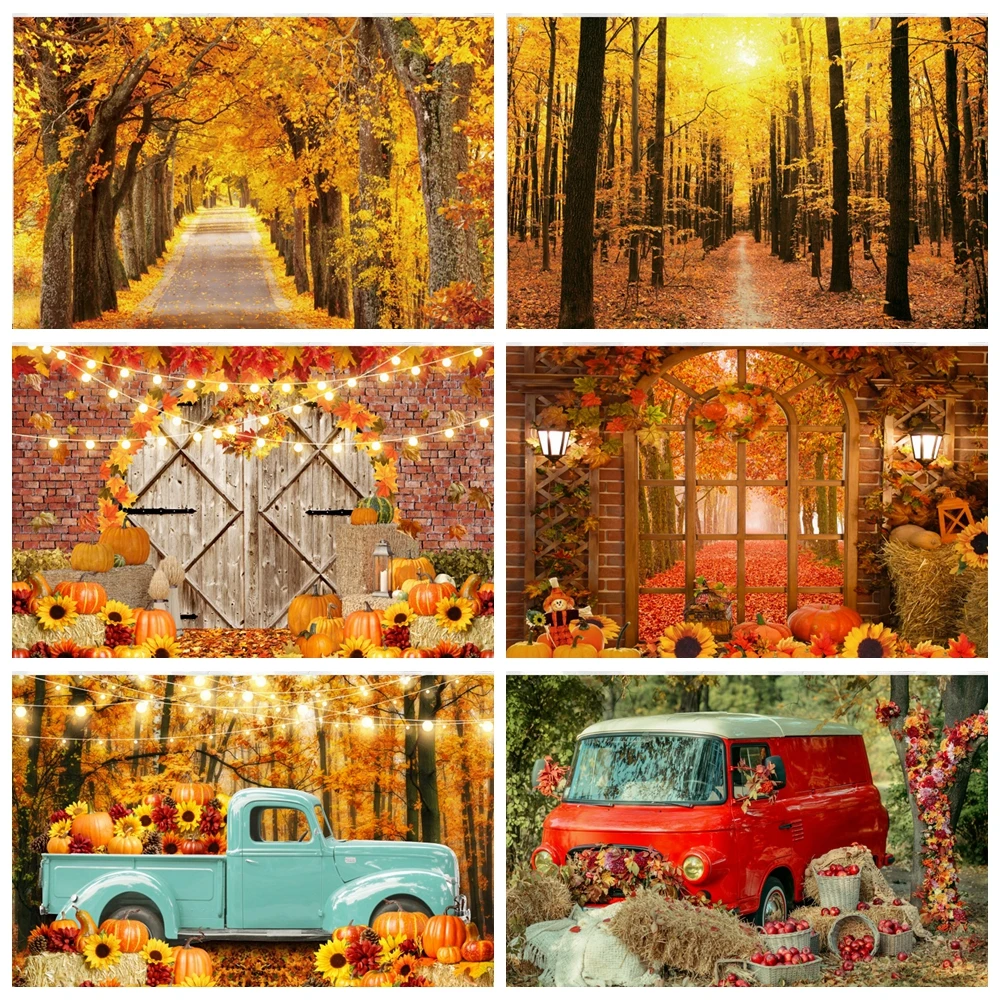 

Autumn Scenery Farm Background Barn Haystack Backdrop Fall Forest Maple Pumpkin Thanksgiving Harvest Baby Portrait Photography
