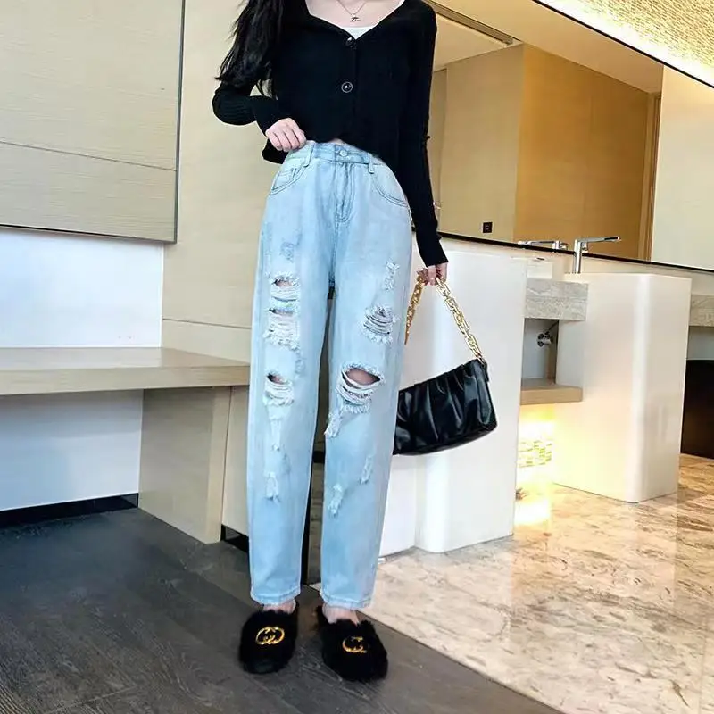 

Summer Women's Jeans Ripped Baggy Wide Leg Trousers Vintage Y2K Washed Harajuku Hip Hop Streetwear Female Denim Pants J30