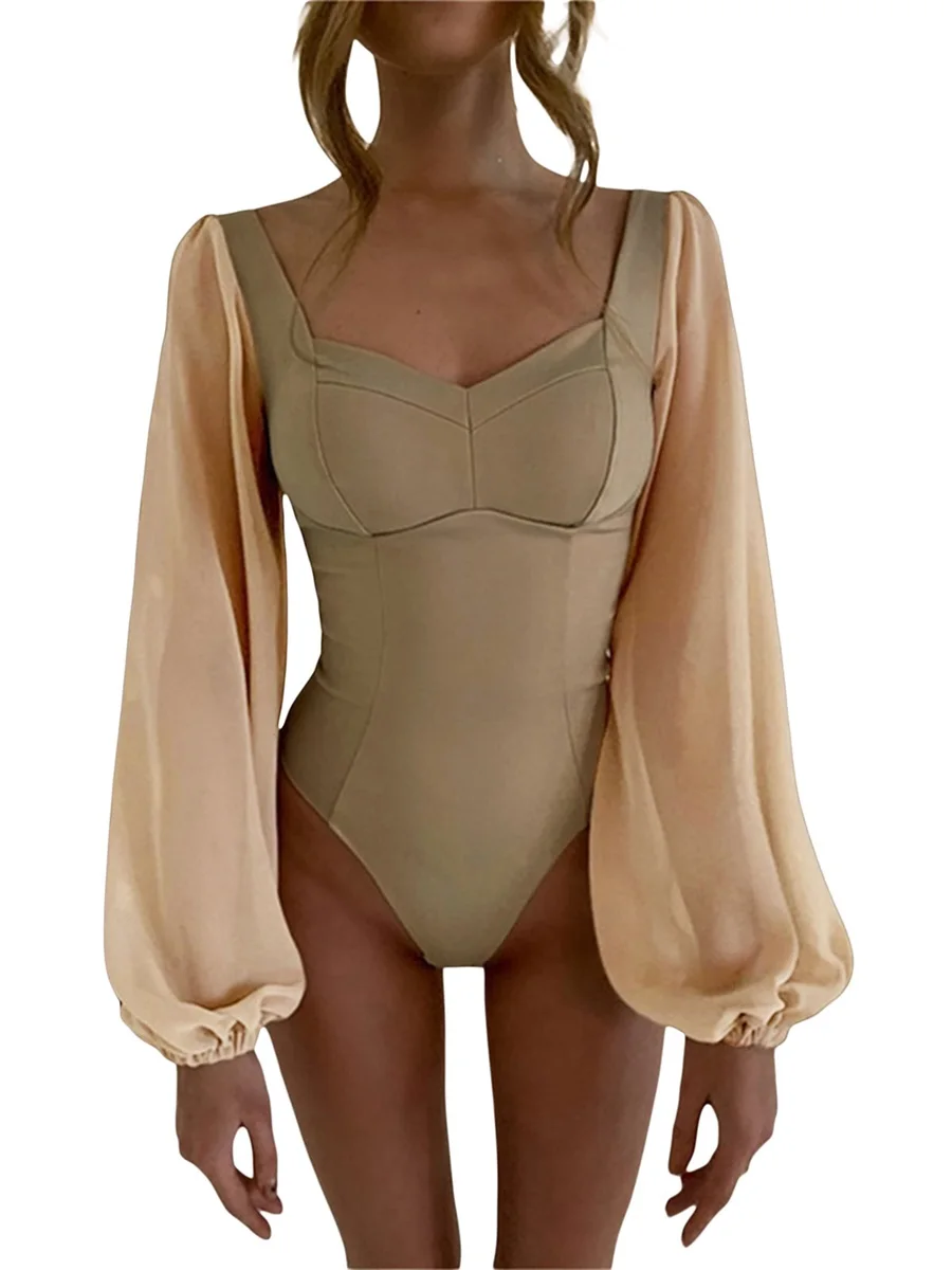 

Женское однотонное боди 2019S, Женское боди с длинным рукавом и вырезом сердечком, трико, топы