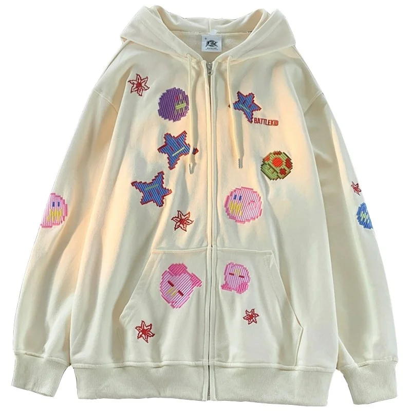 

Spring And Fall Retro Streetwear Pattern Printing Sweatshirt Women Zip Up Hoodies Europe And America Punk Embroidery Clothes