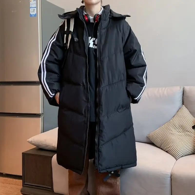 Korean Version Loose Parkas A Mid-length Side Stripe Hooded Zippered Coats Winter Cotton Fashion Casual Heavy Jacket Men Women