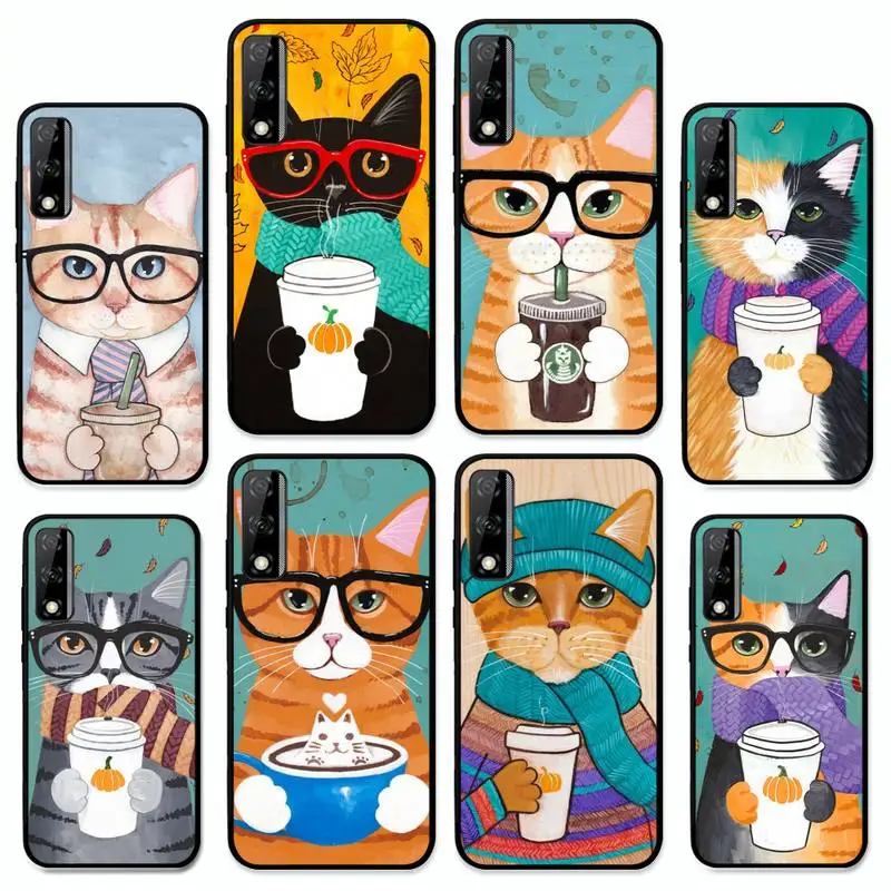 

Coffee Milk Drink Bottle Cat Phone Case for Huawei Y 6 9 7 5 8s prime 2019 2018 enjoy 7 plus