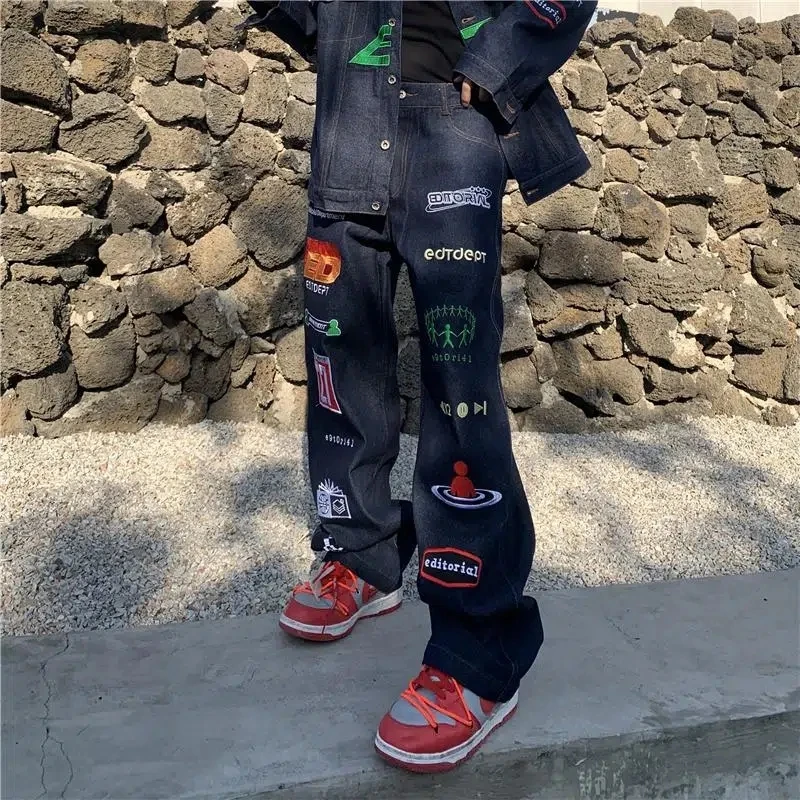 American High Street Printed Jeans Men Women Couples With The Same Loose Straight Hip-Hop Personality Street Pants Trendy Winter