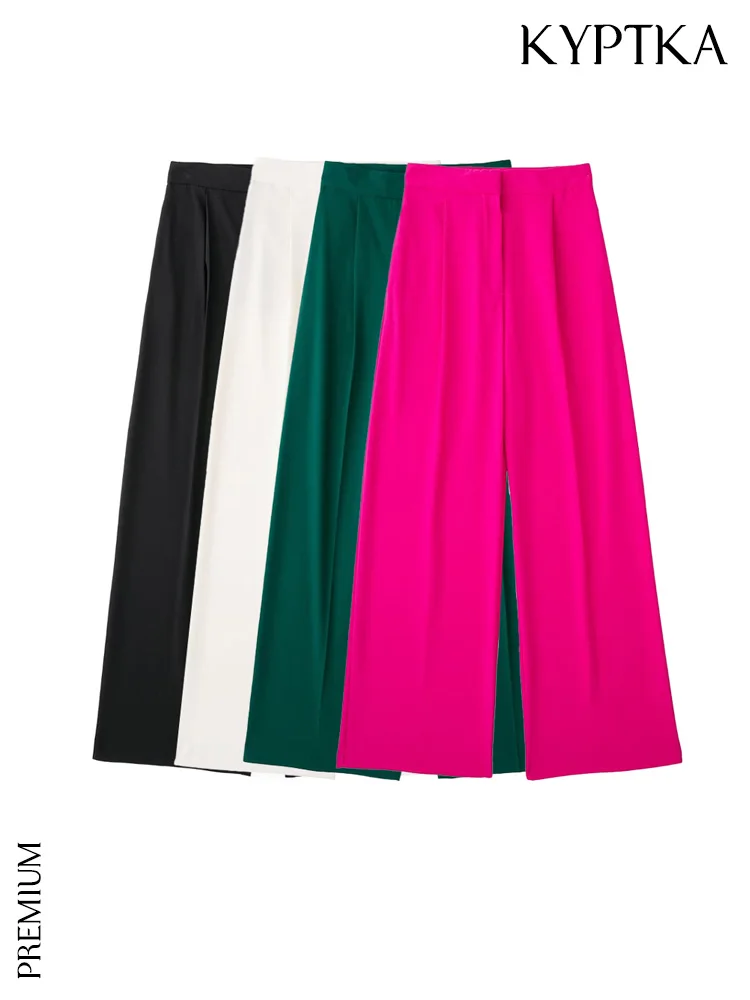 

KYPTKA Women Fashion Side Pockets Front Pleats Wide Leg Pants Vintage High Waist Zipper Fly Female Trousers Mujer