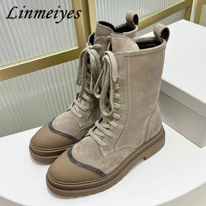 

Hot Sales Suede Leather Short Boots Woman Round Toe Lace Up Flat Shoes For Women String Bead Motorcycle Boots Women Botas