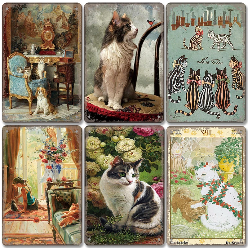 

Vintage Carefree Dog Cat Poster Metal Tin Signs European Animal Flower Metal Plaque Wall Art Decor For Cafe Bar Club Home