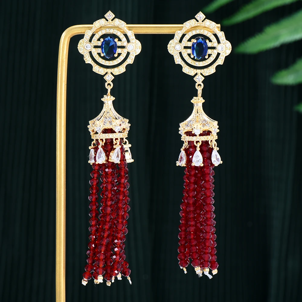 

Blachette Fashion Retro Beads Tassel Cubic Zirconia Long Hanging Earrings Women Wedding Bridal Party Engagement Dress Jewelry