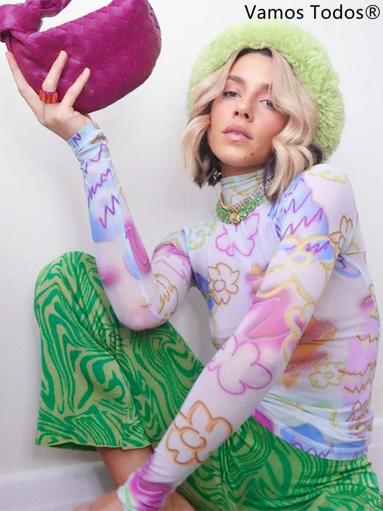 

Magic Printing Graphic T Shirts For Women Sexy Tops See Through Turtleneck E Girl Tees Y2k Aesthetic Clothes Punk Woman Tshirts