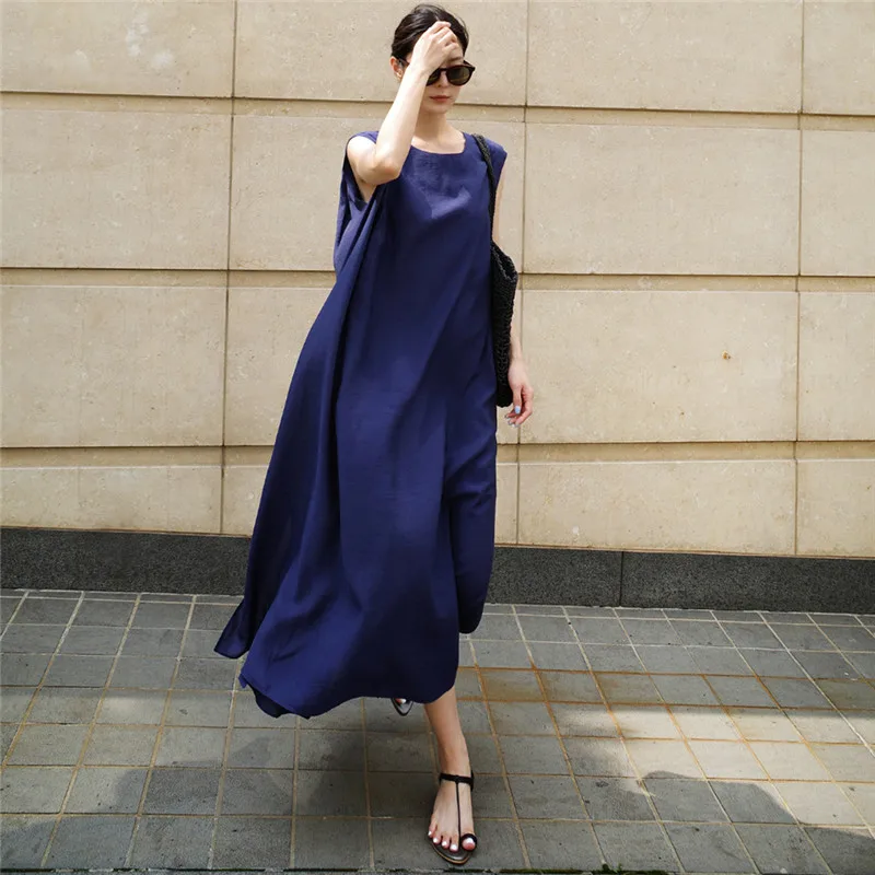 

SuperAen 2022 New Summer Solid Oversized Loose Casual O Neck Sleeveless Vest Dresses for Women