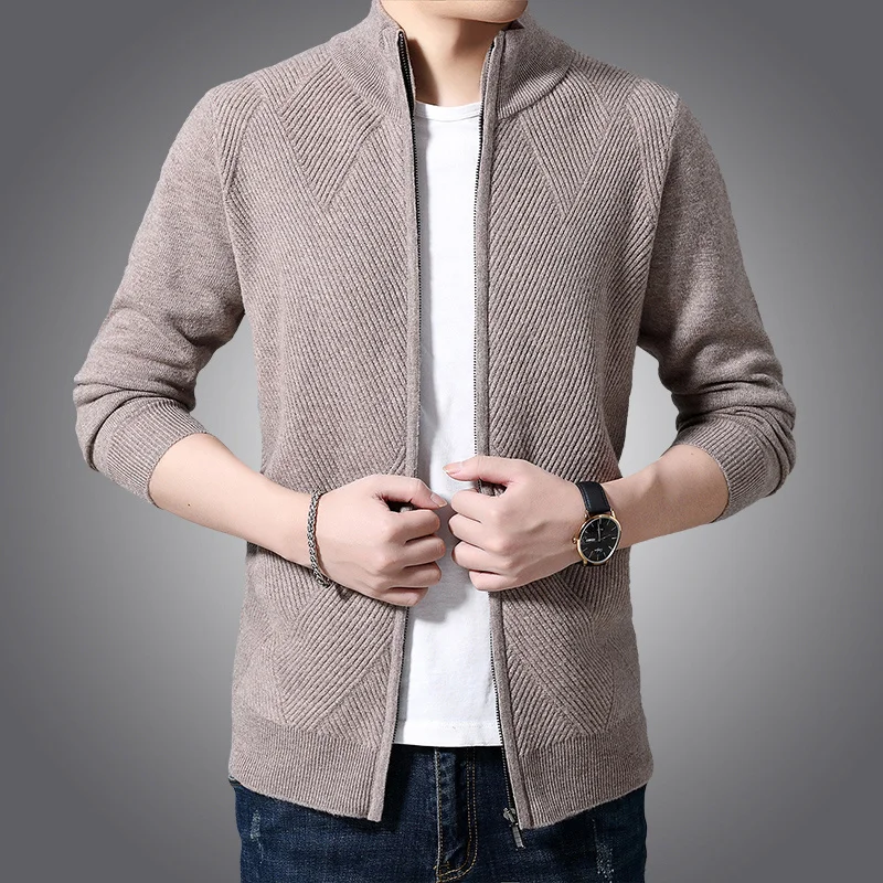 cardigan Men's 100% pure wool knitted coat winter young and middle-aged zipper stand collar sweater